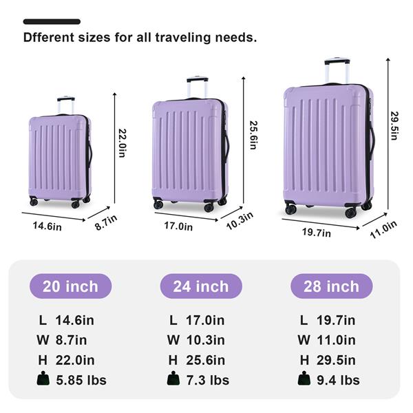 Luggage Sets New Model Expandable ABS+PC 3 Piece Sets with Spinner Wheels Lightweight TSA Lock (20/24/28), LIGHT PURPLE