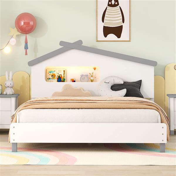 Full Size Wood Platform Bed with House-shaped Headboard and Motion Activated Night Lights (White+Gray)