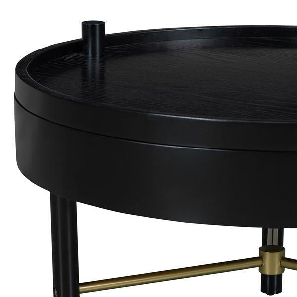 Modern Round Wood Rotating Tray Coffee Table with Storage & Metal Legs in Black