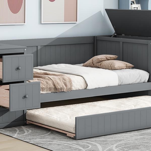 Twin Size Daybed with Storage Arms, Trundle and Charging Station, Gray