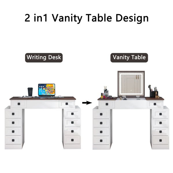 Vanity Desk with Dimmable LED Light with 10 Drawers, Makeup Table with Flip Up Mirror for Space-saving,Large Storage Vanity Table Set with Stool and Drawers, White+Walnut Finish 