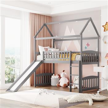 Twin Loft Bed with Slide, House Bed with Slide,White