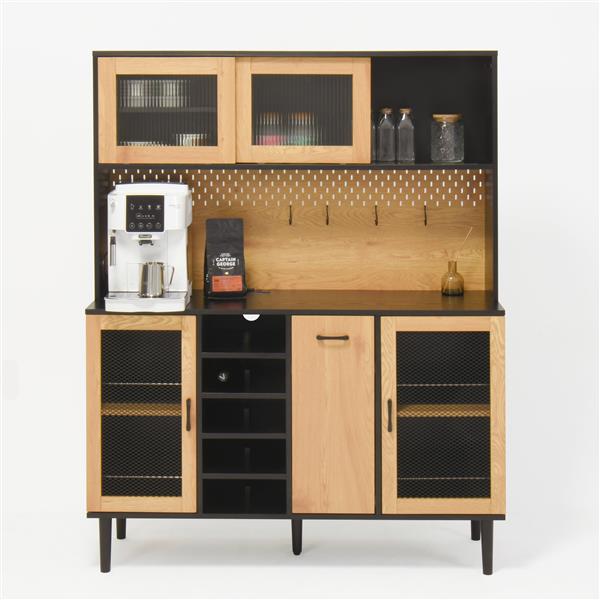 59" H Buffet Sideboard Cabinet with Storage Door & Power Outlet, Farmhouse Coffee Bar Cabinet with Wine Rack, Kitchen Pantry Living Room Black&Natural