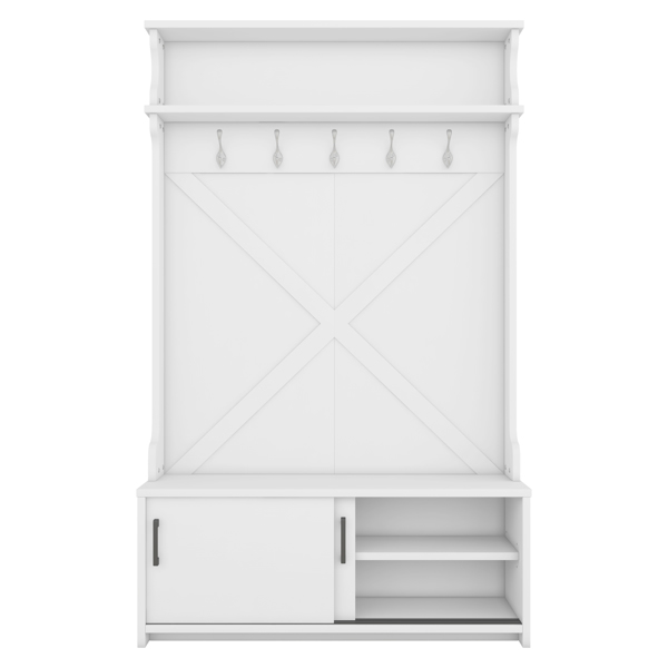 Hall Tree with Storage Bench, Entryway Bench with Drawer and 5 Hooks, Coat Rack with Display Shelf for Hallway Entryways, White