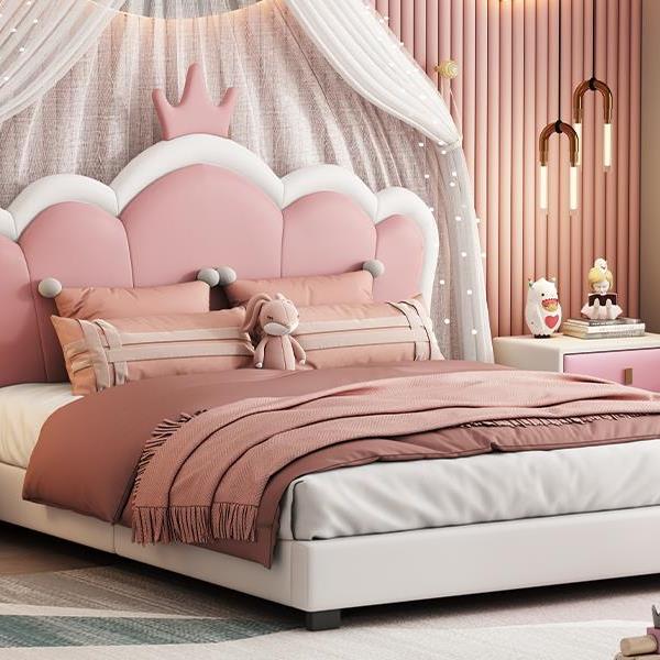 Full size Upholstered Princess Bed With Crown Headboard,Full Size Platform Bed with Headboard and Footboard, White+Pink