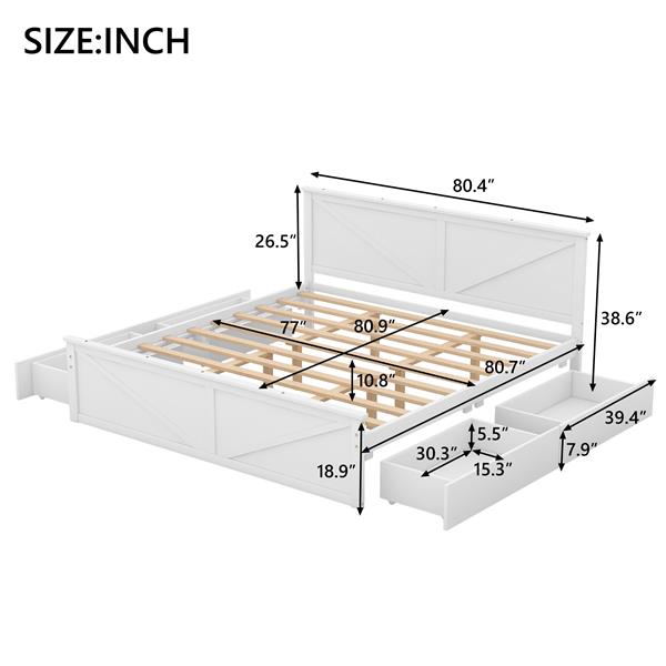 King Size Wooden Platform Bed with Four Storage Drawers and Support Legs, White