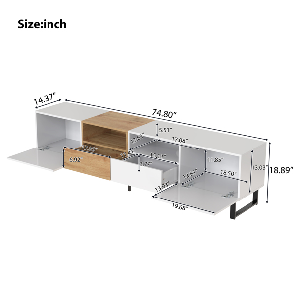 Modern TV Stand with 2 Cabinets& Open Storage Compartment, Color-matching Media Console Table for TVs up to 85'', Entertainment Center with Drop Down Door for Living Room, Bedroom, Home Theatre 