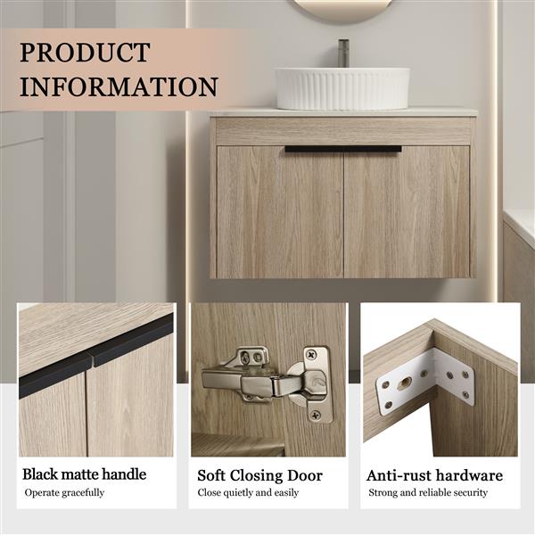 30 " Modern Design Float Bathroom Vanity With Ceramic Basin Set, Wall Mounted White Oak Vanity With Soft Close Door,KD-Packing,KD-Packing,2 Pieces Parcel(TOP-BAA0014012OO)