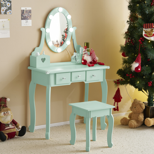 FCH Kids Vanity Set with Mirror and Lights and Stool, 5 Storage Drawers, Pretend Play Princess Makeup Desk Dressing Table and Stool Set for Little Girls Age 3+, Macaroon Green