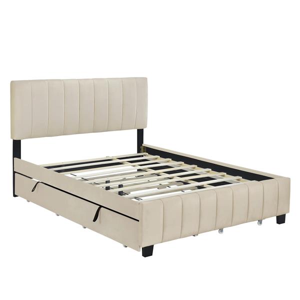 Queen Size Velvet Upholstered Platform Bed with 2 Drawers and 1 Twin XL Trundle- Beige