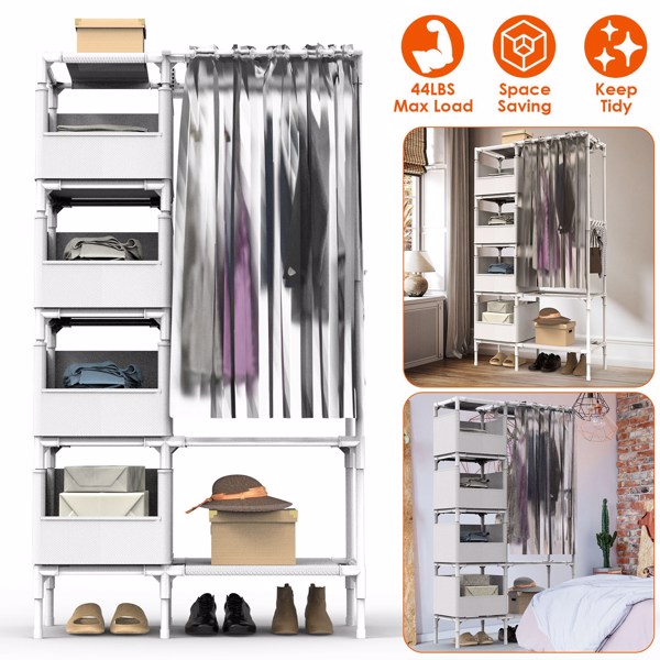 Portable Closet Wardrobe Clothes Storage Cabinet Organizer Garment Hanging Rack Shelves 