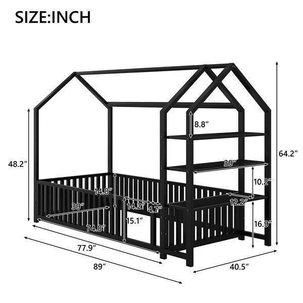 Twin Size Metal House Bed with Fence and Detachable Storage Shelves, Black