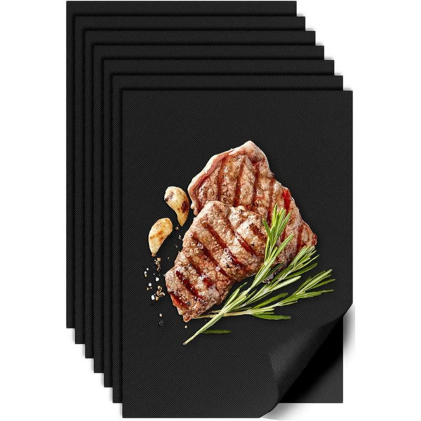 10-Pack Black Non-Stick, Heat-Resistant BBQ Grill Mats (40x33cm), Durable Fiberglass Cooking Sheets, Easy to Clean