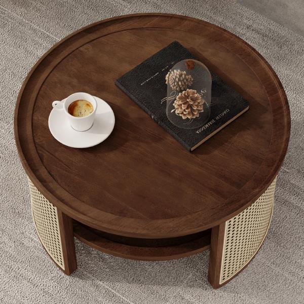 2-Tiered Round Walnut Wood Coffee Table with Storage Rattan Base in 31.3''