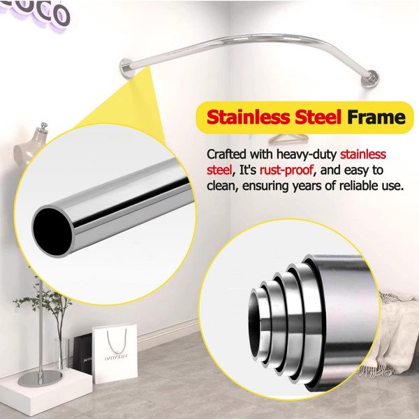 L Shape Extendable Shower Curtain Rod No Drill Bathroom Curved Corner Telescoping Rail Bar 304 Stainless Steel Pole Holder Rustproof For Bathtub,Clothing Store,75 to 95cm*120 to 165cm