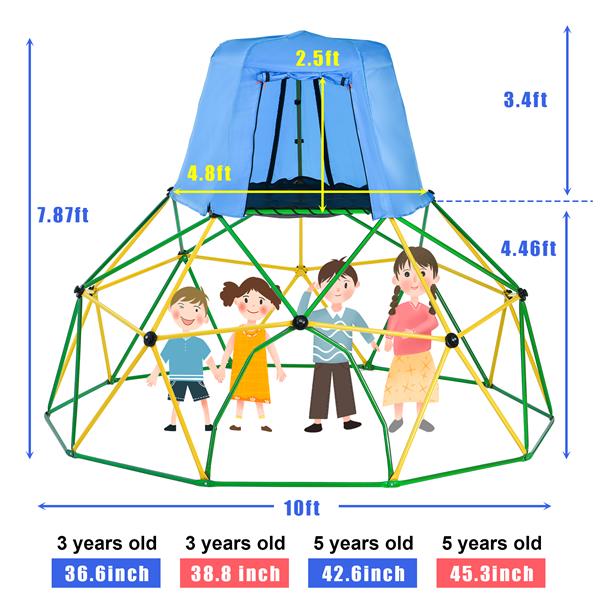 Kids Climbing Dome with Canopy and Playmat - 10 ft Jungle Gym Geometric Playground Dome Climber Play Center, Rust & UV Resistant Steel Supporting 1000 LBS