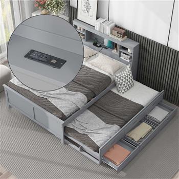 Full Size Platform Bed with Storage Headboard, USB, Twin Size Trundle and 3 Drawers, Gray