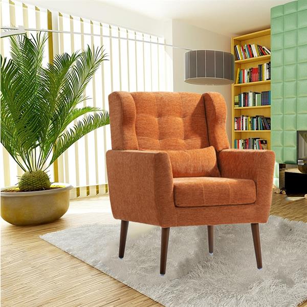 Modern Chenille Arm Chairs for Living Room,Upholstered Mordern Armchair,Comfy Soft Padded Lounge Chair in Small Space, Bedroom, w/Pillow, Solid Wood Leg (Orange)