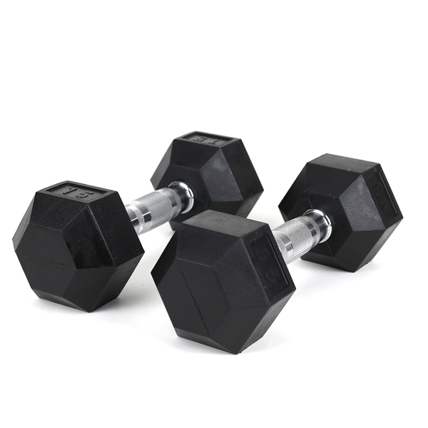 15LB (2piece)HDRS  Rubber Coated Solid Cast Iron Dumbbell with Contoured Chrome Handle, Hexagon Head