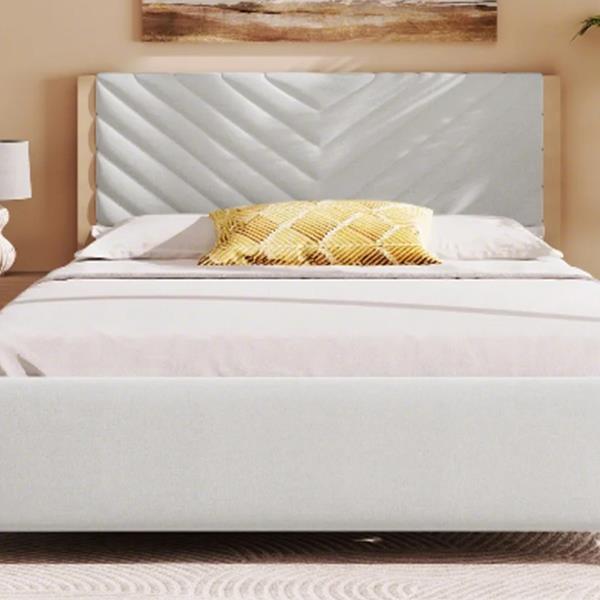 Modern Mid-Century Queen Upholstered Platform Bed Frame with Tufted Headboard and Solid Wood Legs,No Box Spring Needed,Beige