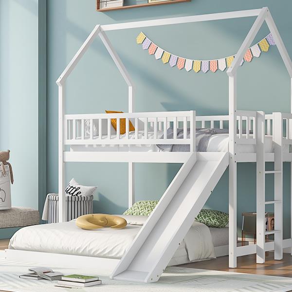 Twin over Full House Bunk Bed with Slide and Built-in Ladder, Full-Length Guardrail, White