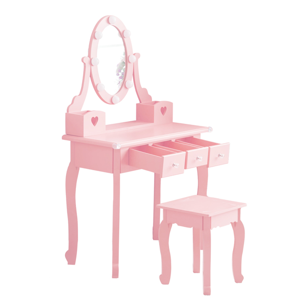 FCH Kids Vanity Set with Mirror and Lights and Stool, 5 Storage Drawers, Pretend Play Princess Makeup Desk Dressing Table and Stool Set for Little Girls Age 3+, Macaroon Pink