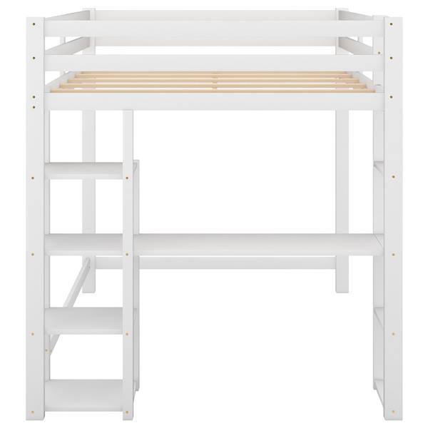 Full Size Loft Bed with Built-in Desk and Shelves,White