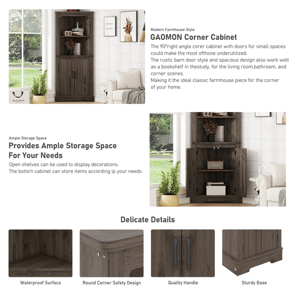 Tall Corner Cabinet with Doors for living room, bathroom,Dining Room or Kitchen,color:Dark walnut 