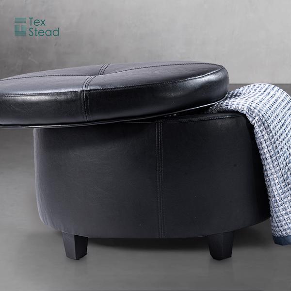 Round Leather Storage Ottoman Footstool with Wood-Based Panel - Hardwood Upholstered Footrest with Lid for Living Room and Bedroom Use