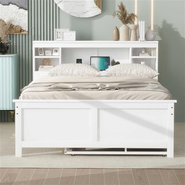 Full Size Platform Bed with Storage Headboard, USB, Twin Size Trundle and 3 Drawers, White