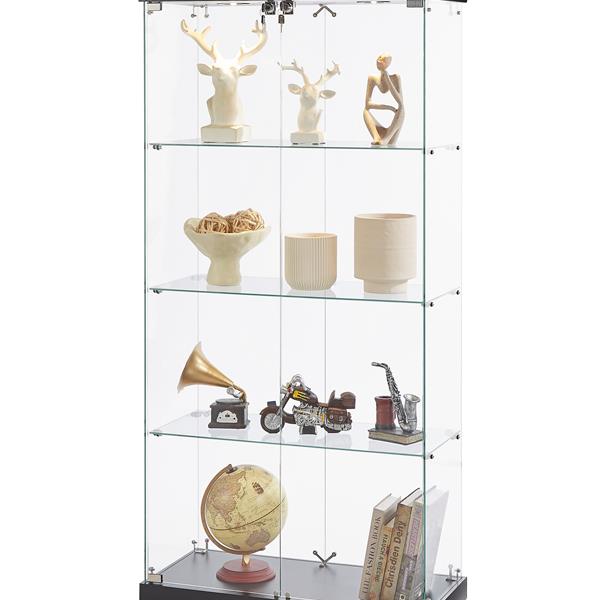 4-Tier Glass Display Cabinet, Double Door Glass Cabinet, Four Partitions, Two Locks, Floor Standing Storage Cabinet for Living Room, Bedroom, Showroom and Office, Black, 31.5"L x 14.2"W x 66.3"H