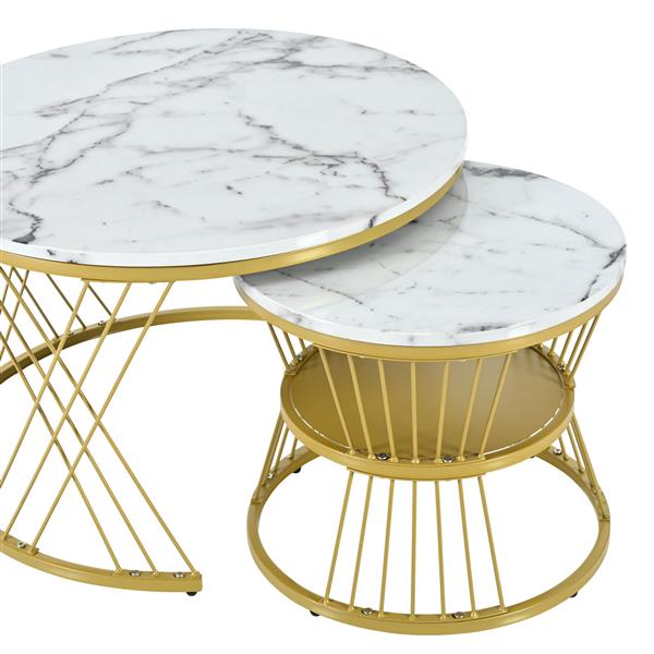 [VIDEO provided] Φ27.5'' & Φ17.7'' Nesting Coffee Table with Marble Grain Table Top, Golden Iron Frame Round Coffee Table, Set of 2, for Living Room, Balcony, White