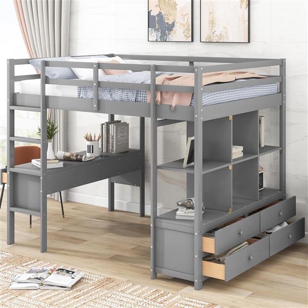 Full Size Loft Bed with Built-in Desk with Two Drawers, and Storage Shelves and Drawers,Gray