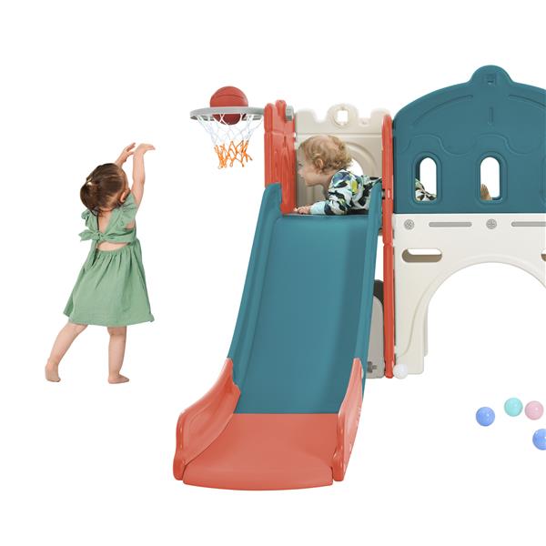 Kids Slide Playset Structure, Freestanding Castle Climber with Slide and Basketball Hoop, Toy Storage Organizer for Toddlers, Kids Climbers Playhouse for Indoor Outdoor Playground Activity