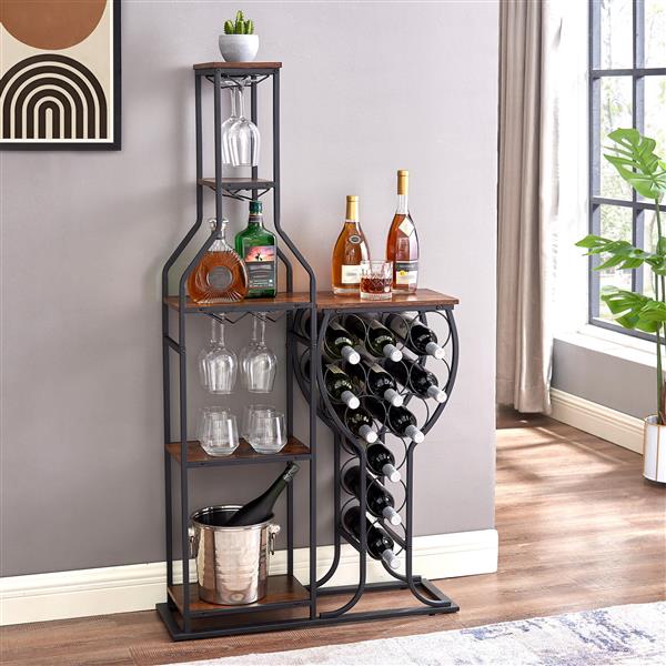 11 Bottle Wine Bakers Rack, 5 Tier Freestanding Wine Rack with Hanging Wine Glass Holder and Storage Shelves, Wine Storage Home Bar for Liquor and Wine Storagefor Kitchen, Dining Room