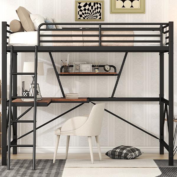 Full Size Loft Metal&MDF Bed with Desk and Shelf, Black