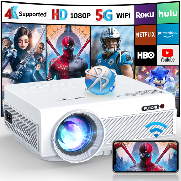 Projector with WiFi Bluetooth,FUDONI 5G WiFi Native 1080P Outdoor Projector 15000L Support 4K,Portable Movie Projector with Max 300",for iOS/Android/Laptop/TV Stick/HDMI/USB/VGA/TF(banned by Amazon)