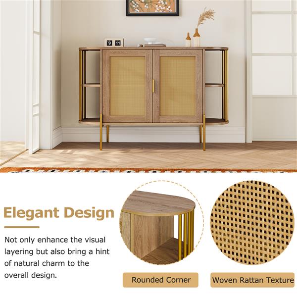 2-Door Elegant Curved Dining Cabinet with Gold Trim and Woven Rattan Doors for Dining Room (Natural)