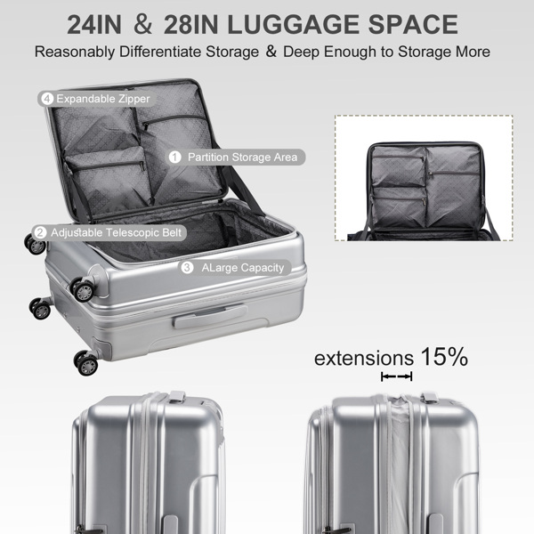 Luggage Sets 3 Piece, ABS+PC Front Open Hardshell Lightweight Luggages, Expandable Carry On Suitcase Set with TSA Lock & Double Wheels (20/24/28, Sliver)