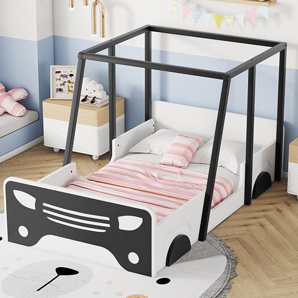 Twin Size Car-shaped Bed with Roof,Wooden Twin Floor Bed with wheels and door Design,Montessori Inspired Bedroom,Black