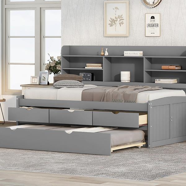 Twin Size Wooden Captain Bed with Built-in Bookshelves,Three Storage Drawers and Trundle,Light Grey