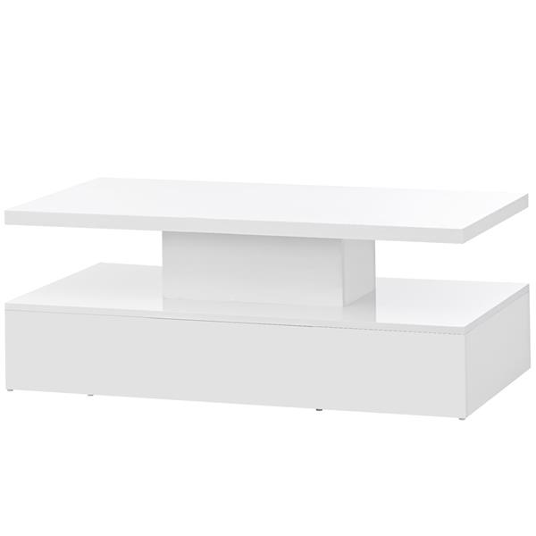 Modern Glossy Coffee Table With Drawer, 2-Tier Rectangle Center Table with LED lighting for Living room, 39.3''x19.6''x15.3'', White