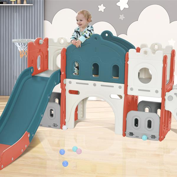 Kids Slide Playset Structure, Freestanding Castle Climber with Slide and Basketball Hoop, Toy Storage Organizer for Toddlers, Kids Climbers Playhouse for Indoor Outdoor Playground Activity