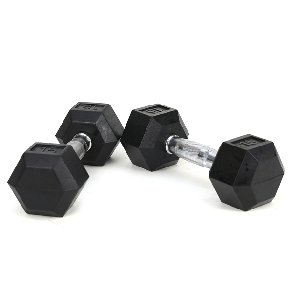 15LB (2piece)HDRS  Rubber Coated Solid Cast Iron Dumbbell with Contoured Chrome Handle, Hexagon Head