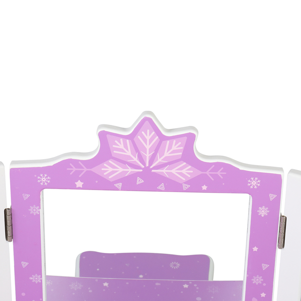 Children's Wooden Dressing Table Three-Sided Folding Mirror Dressing Table  Chair Single Drawer Purple   Snowflake Style