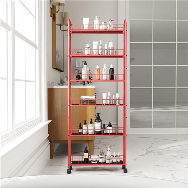 Red 6-Tier Rolling Cart Gap Kitchen Slim Slide Out Storage Tower Rack with Wheels,6 Baskets,Kitchen,Bathroom Laundry Narrow Piaces Utility cart