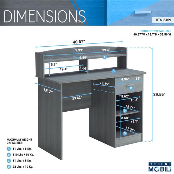 Modern Office Desk with Hutch, Grey