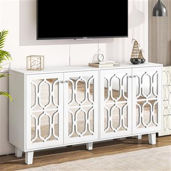 Buffet Cabinet with Adjustable Shelves, 4-Door Mirror Hollow-Carved TV stand for TVs Up to 70\\'\\', Multi-functional Console Table with Storage Credenza Accent Cabinet for Living Room, White