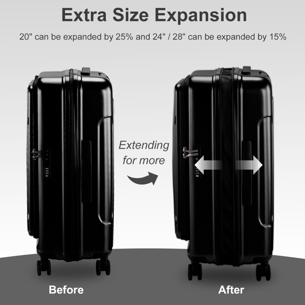 Luggage Sets 3 Piece, ABS+PC Front Open Hardshell Lightweight Luggages, Expandable Carry On Suitcase Set with TSA Lock & Double Wheels (20/24/28, Black)