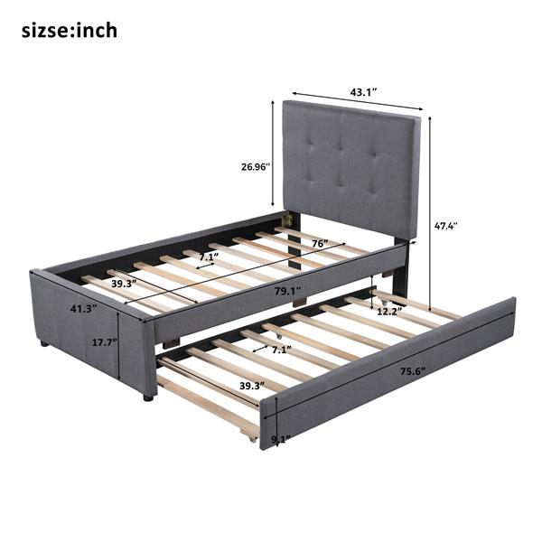 Linen Upholstered Platform Bed With Headboard and Trundle, Twin(Old